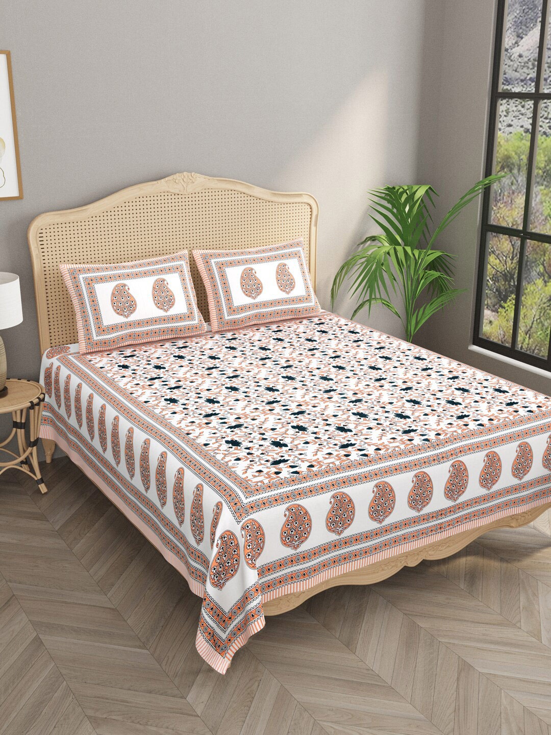 Gulaab Jaipur White & Orange Ethnic Motifs 330 TC Cotton King Bedsheet & 2 Pillow Covers
Gulaab Jaipur White & Orange Ethnic Motifs 330 TC Cotton King Bedsheet & 2 Pillow Covers