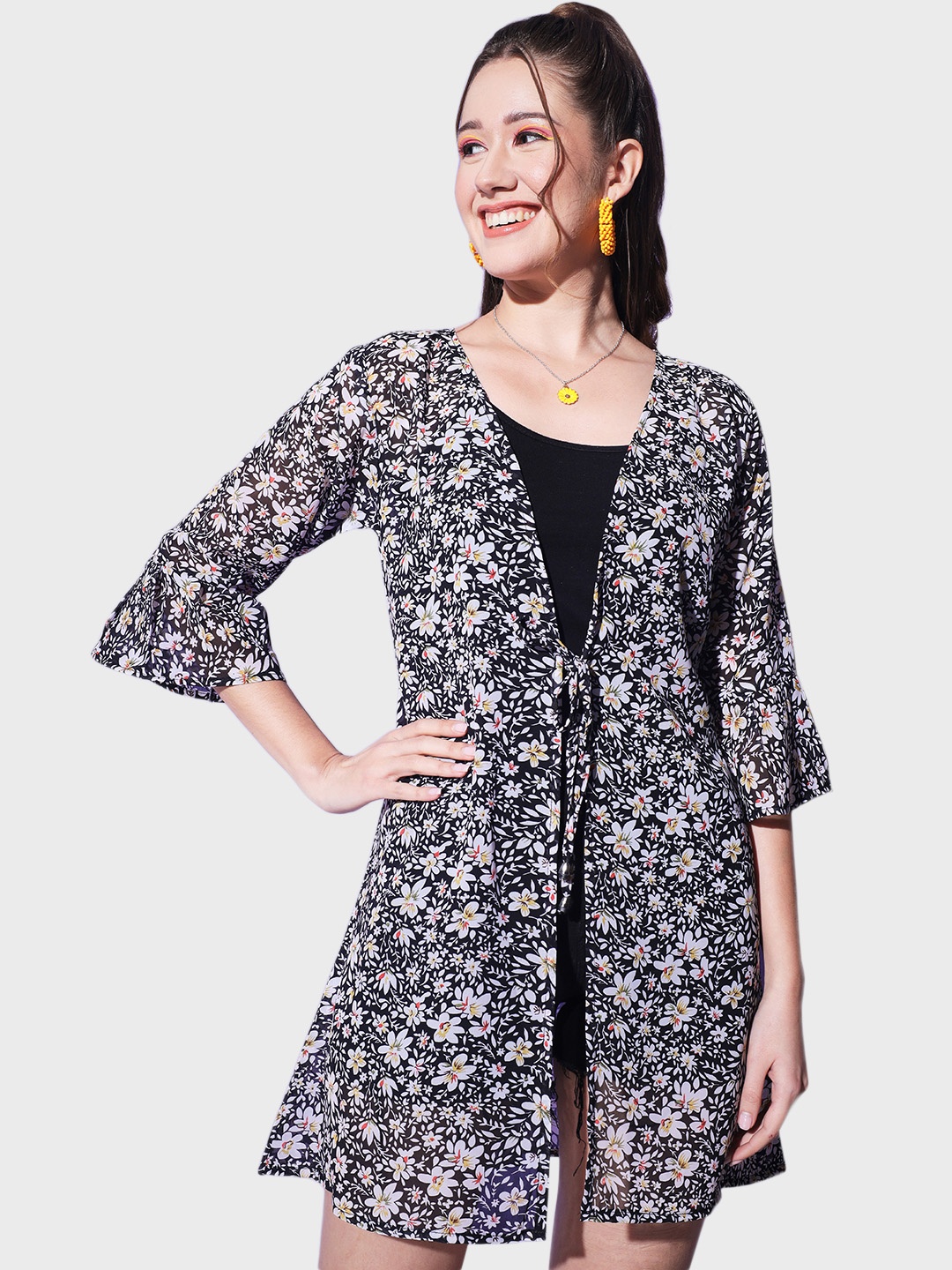 BUY NEW TREND Women Floral Printed Georgette Shrug, Black