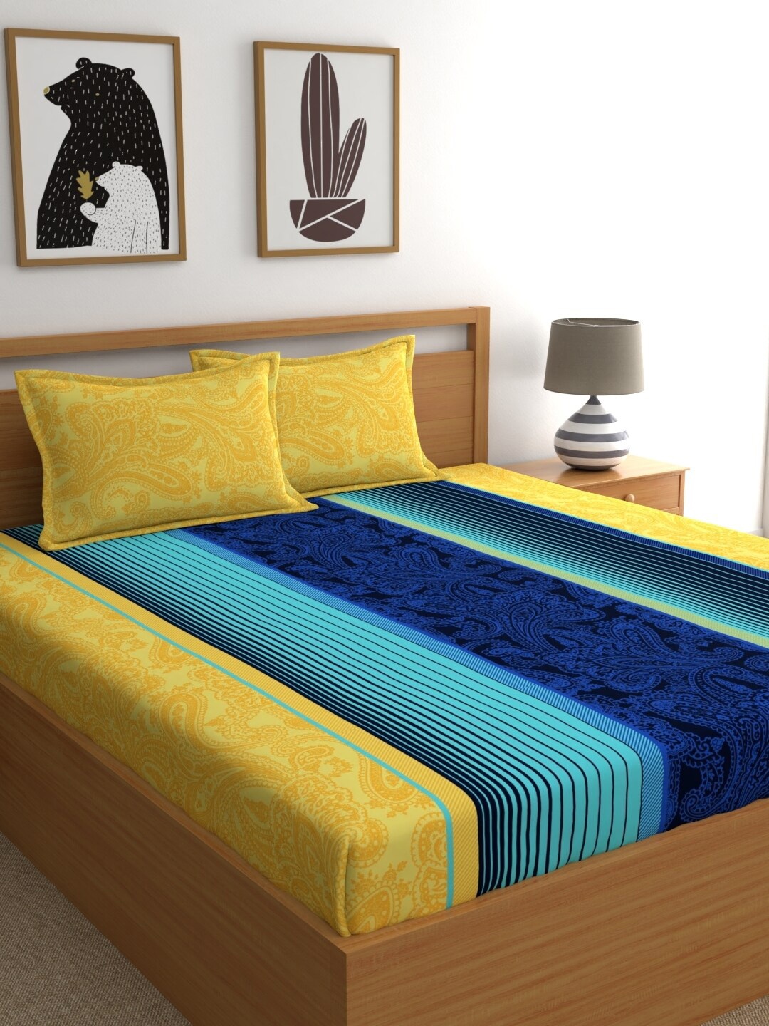 Home Ecstasy Yellow & Blue Striped 140 TC Pure Cotton Queen Bedsheet & 2 Pillow Covers