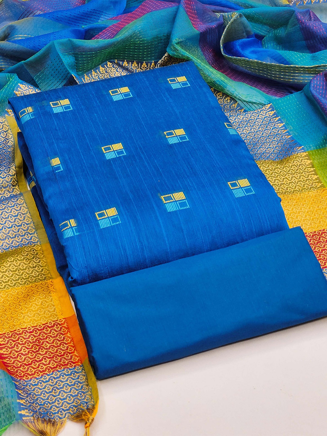 KALINI Woven Design Semi-Stitched Dress Material, Blue