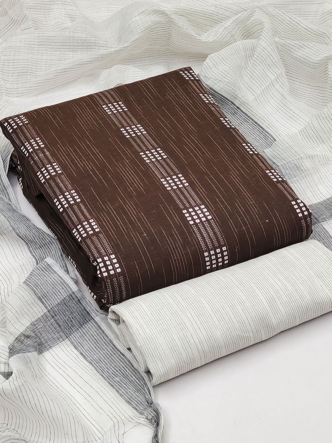 KALINI Geometric Woven Design Zari Semi-Stitched Dress Material With Dupatta, Brown