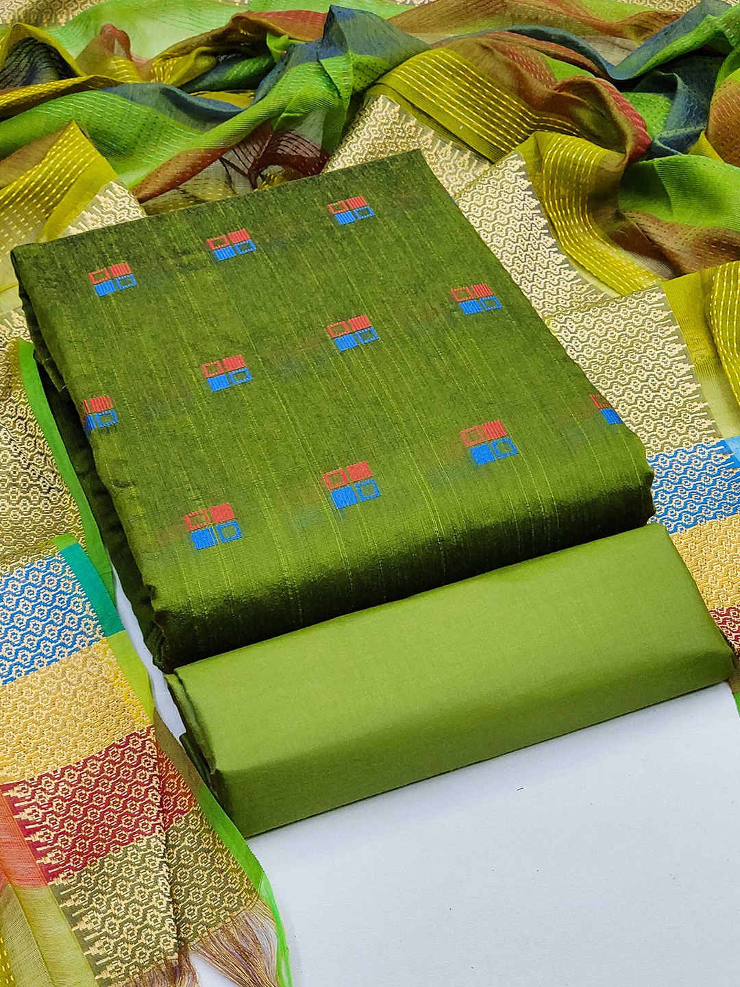 KALINI Woven Design Semi-Stitched Dress Material, Green