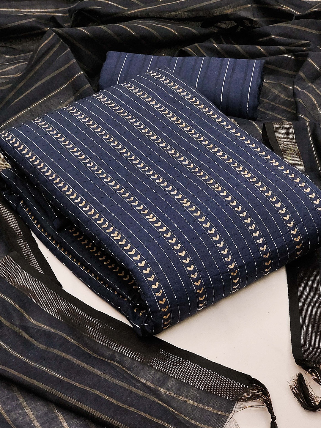 KALINI Geometric Woven Design Zari Semi-Stitched Dress Material With Dupatta, Navy blue
KALINI Geometric Woven Design Zari Semi-Stitched Dress Material With Dupatta, Navy blue