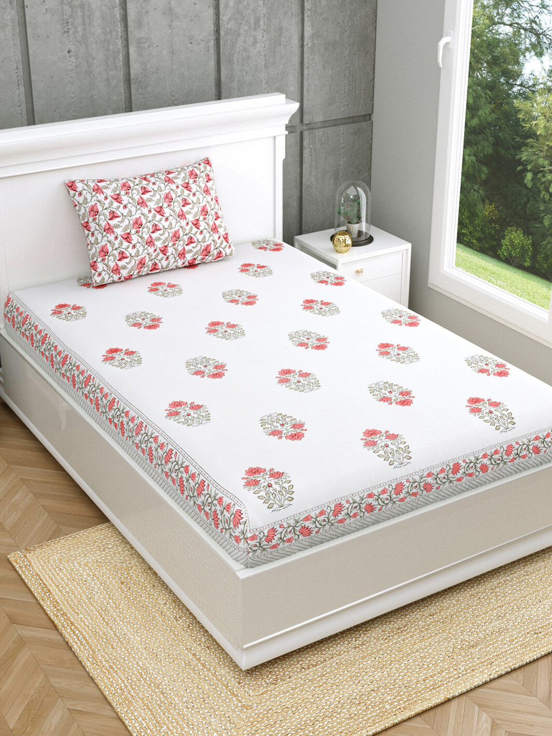 Salona Bichona Jaipuri White Floral Cotton 120 TC Single Bedsheet With 1 Pillow Covers
Salona Bichona Jaipuri White Floral Cotton 120 TC Single Bedsheet With 1 Pillow Covers