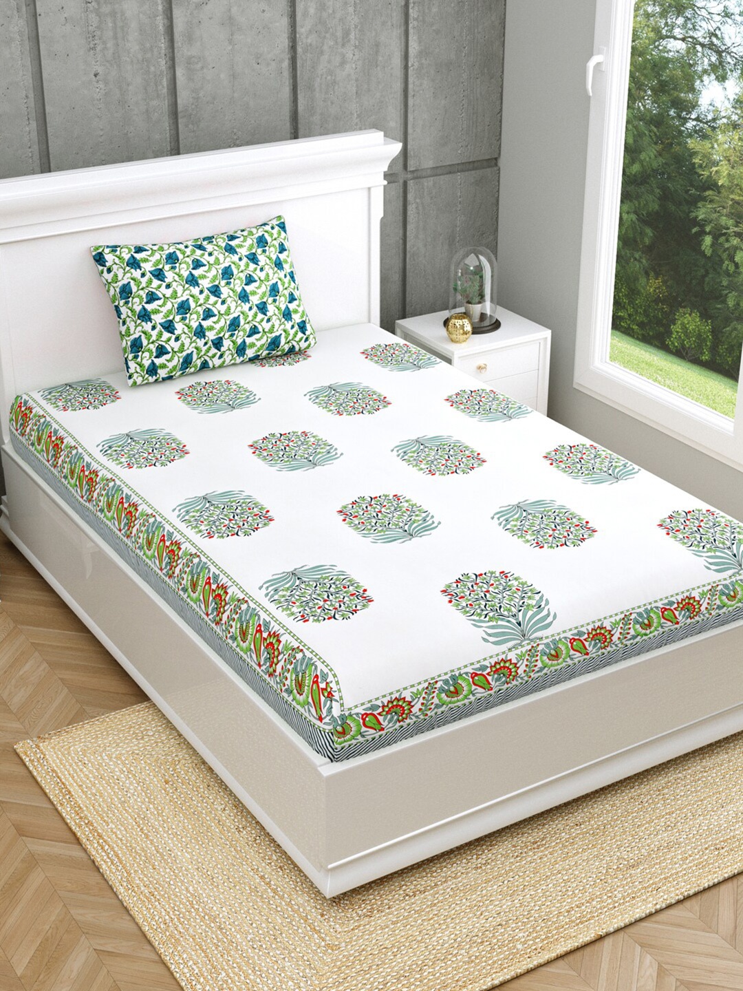 Salona Bichona Jaipuri White Floral Cotton 120 TC Single Bedsheet With 1 Pillow Covers
Salona Bichona Jaipuri White Floral Cotton 120 TC Single Bedsheet With 1 Pillow Covers