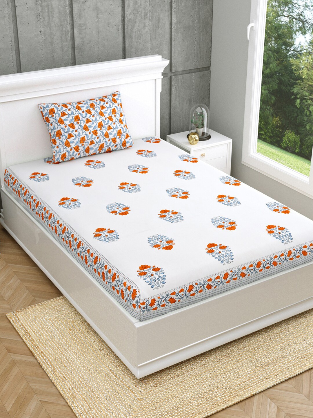 Salona Bichona Jaipuri White & Orange Floral 120 TC Single Bedsheet & Pillow Cover