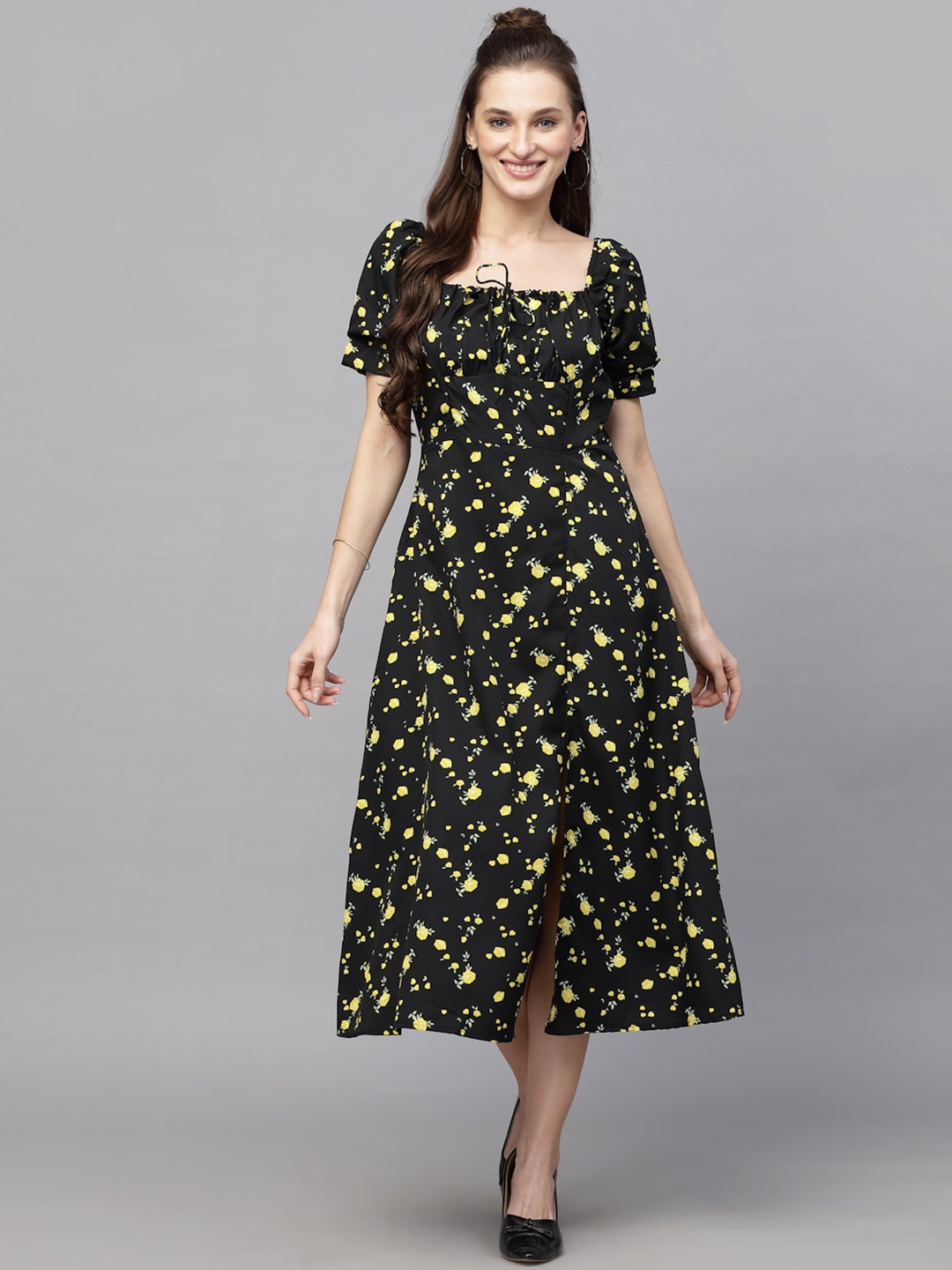aayu Floral Printed Tie-Up Neck Empire Midi Dress, Black