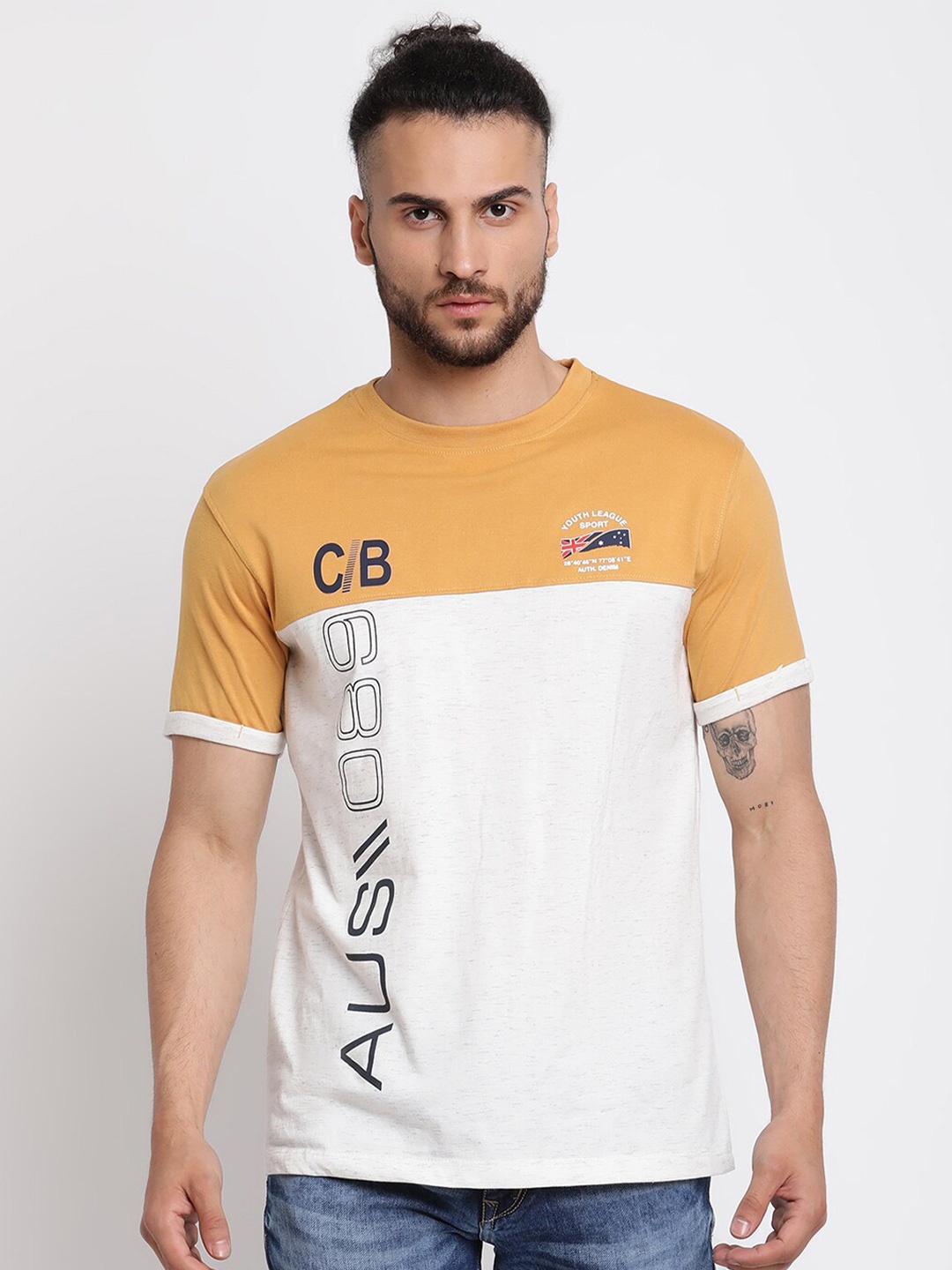 Cantabil Colourblocked Round Neck Cotton T-shirt, Mustard
