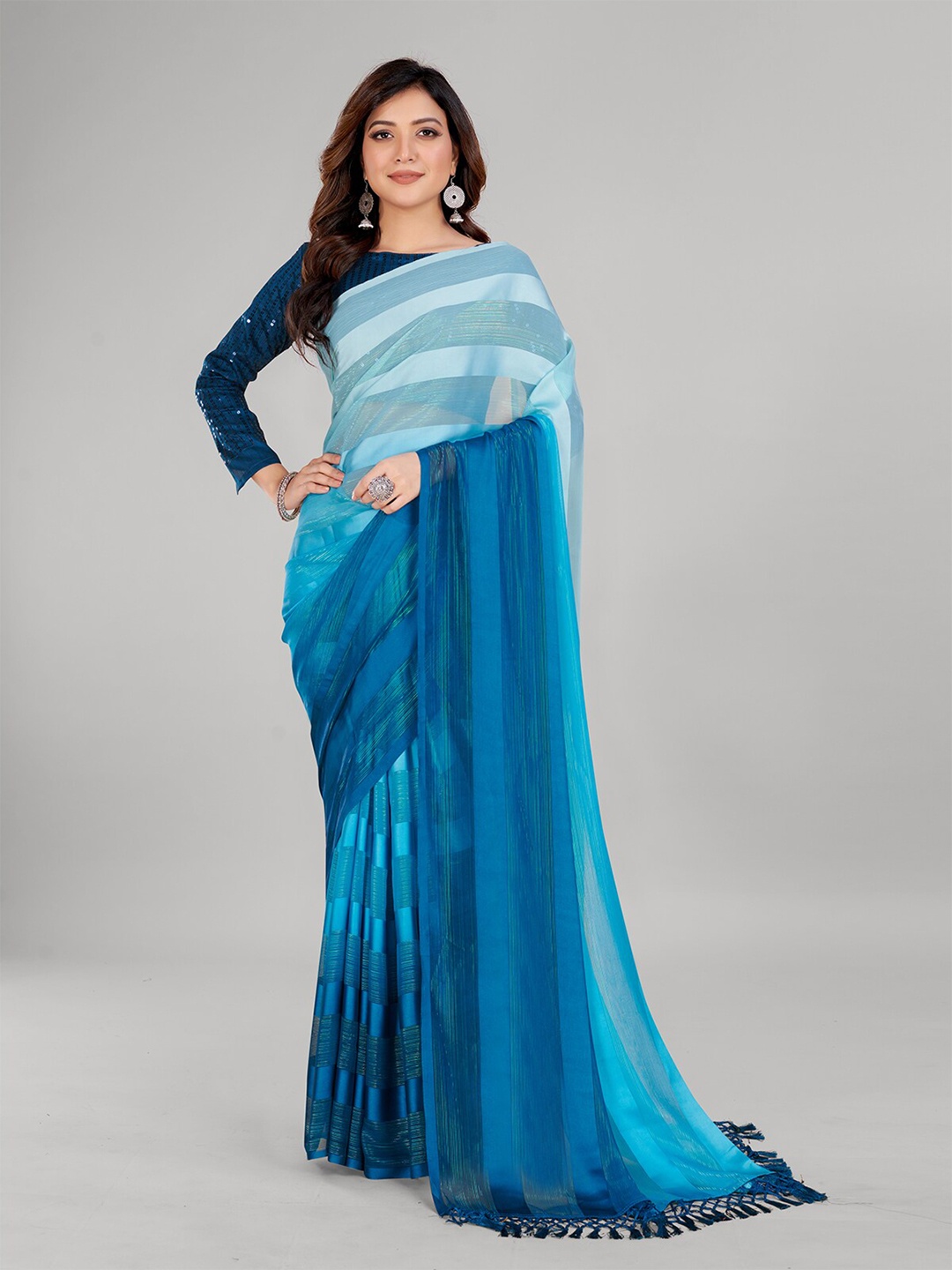 Mitera Striped Art Silk Saree, Teal