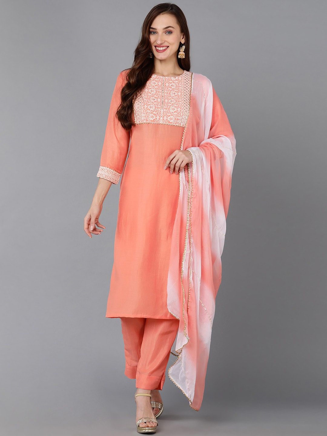 AHIKA Ethnic Motifs Yoke Design Thread Work Kurta with Trousers & Dupatta, Peach
AHIKA Ethnic Motifs Yoke Design Thread Work Kurta with Trousers & Dupatta, Peach