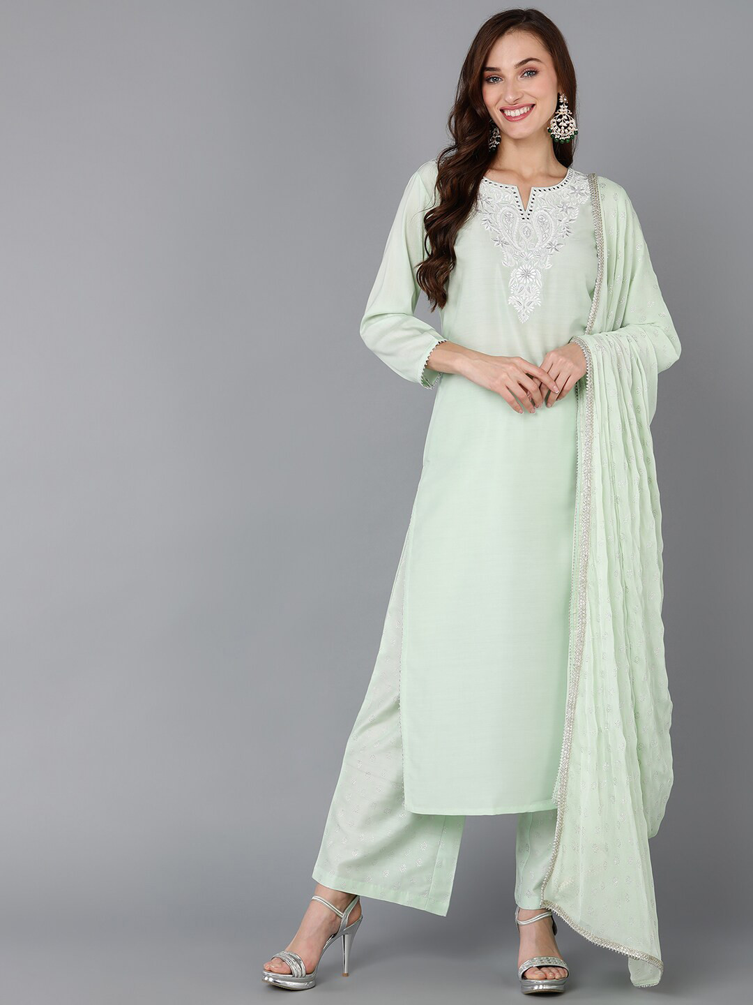 AHIKA Ethnic Motifs Embroidered Straight Kurta with Palazzos & Dupatta, Green
AHIKA Ethnic Motifs Embroidered Straight Kurta with Palazzos & Dupatta, Green