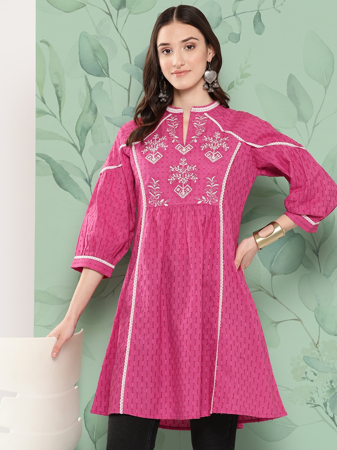 Nayam By Lakshita Mandarin Collar Mirror Work Tunic, Pink