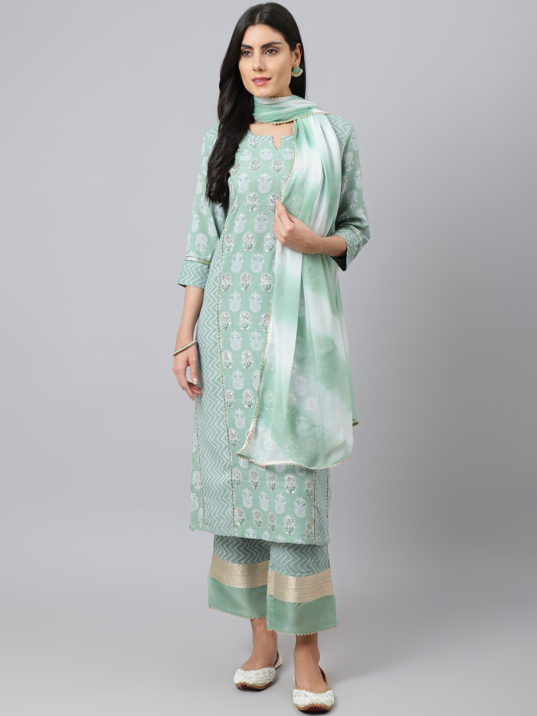 Khushal K Floral Printed Notched Neck Beads and Stones Kurta With Palazzos & Dupatta, Green
Khushal K Floral Printed Notched Neck Beads and Stones Kurta With Palazzos & Dupatta, Green