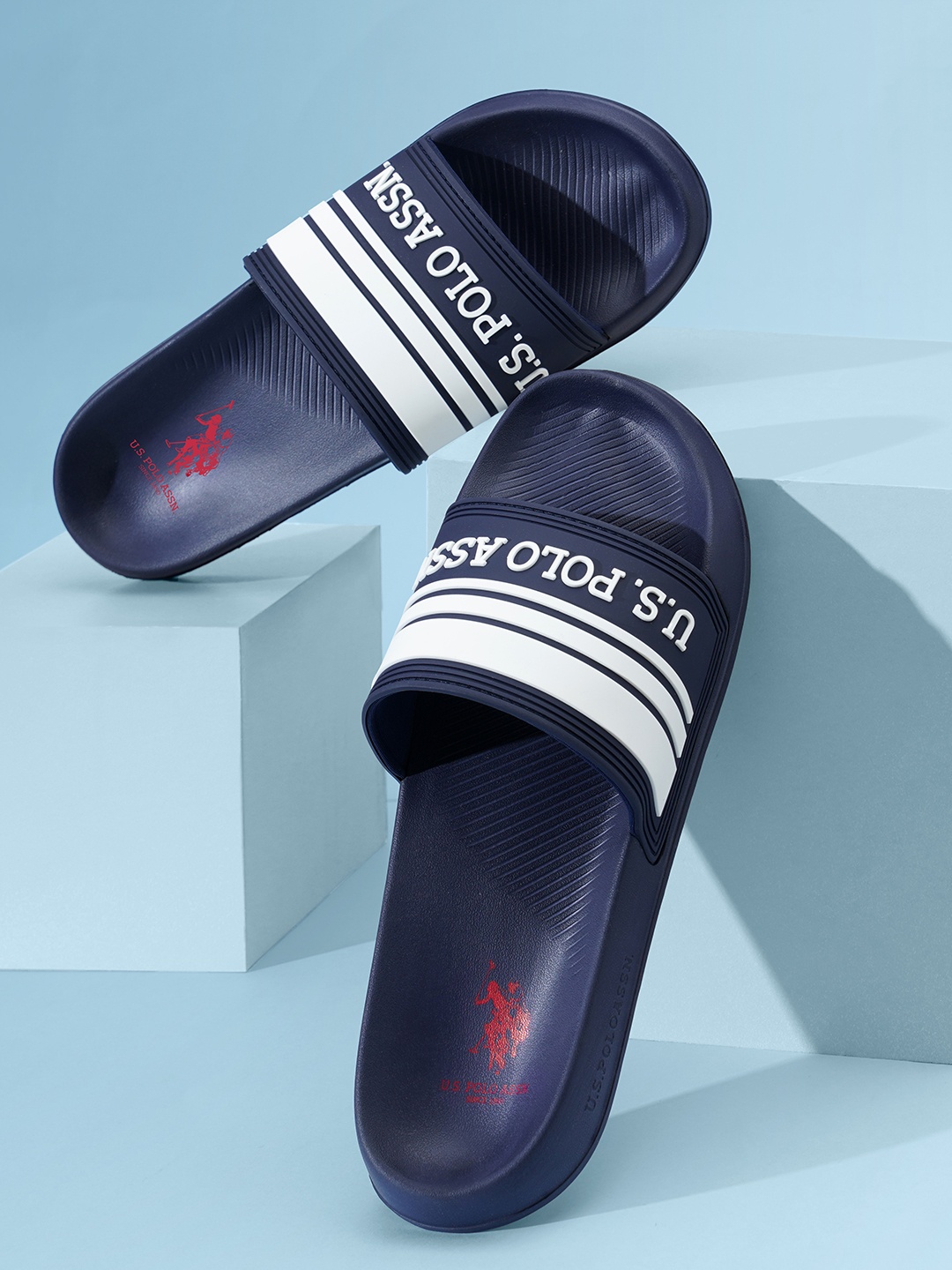 U.S. Polo Assn. Men Brand Logo Print & Striped Sliders, Navy blue
