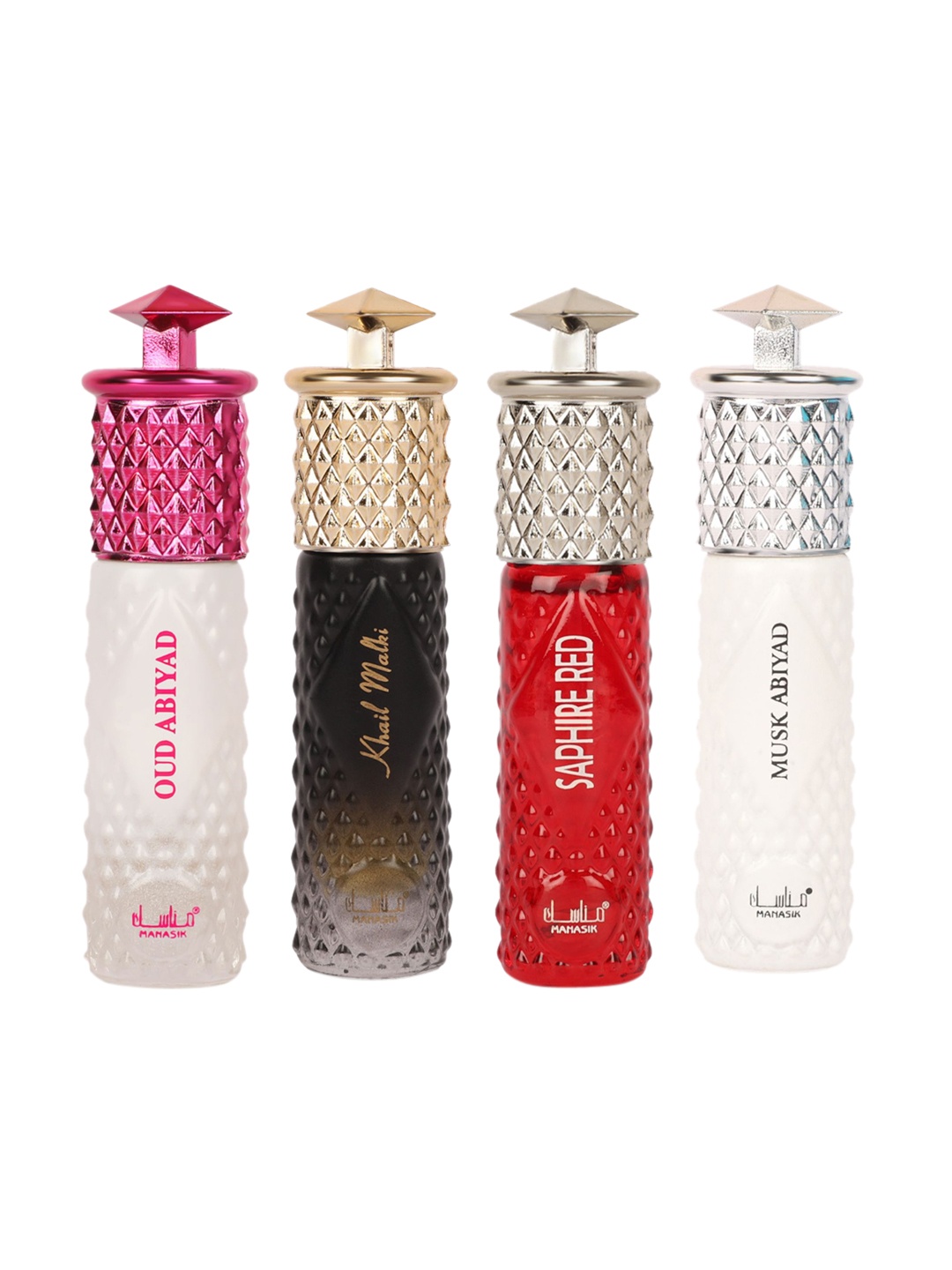 MANASIK Women Set Of 4 Attars 6ml Each - OudAbiyad + KhailMalaki + SaphireRed + MuskAbiyad, White
MANASIK Women Set Of 4 Attars 6ml Each - OudAbiyad + KhailMalaki + SaphireRed + MuskAbiyad, White