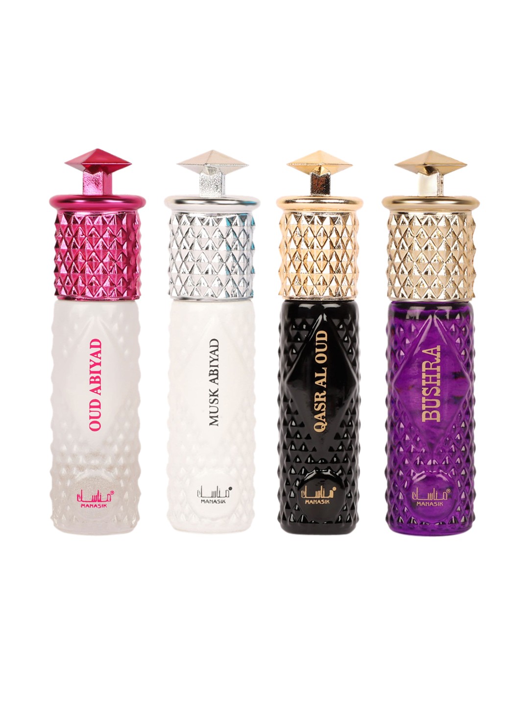 MANASIK Premium Women Set Of 4 Long Lasting Attars - 6 ml - Each Oud Abiyad - Musk Abiyad - Qasr Al Oud & Bushra, White