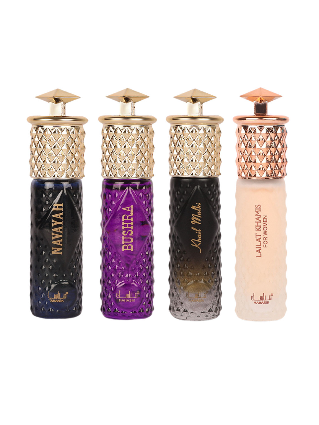 MANASIK Premium Women Set Of 4 Long Lasting Attars - 6 ml Each Navayah - Bushra - Khail Malaki & Lailat Khamis White, Black
MANASIK Premium Women Set Of 4 Long Lasting Attars - 6 ml Each Navayah - Bushra - Khail Malaki & Lailat Khamis White, Black