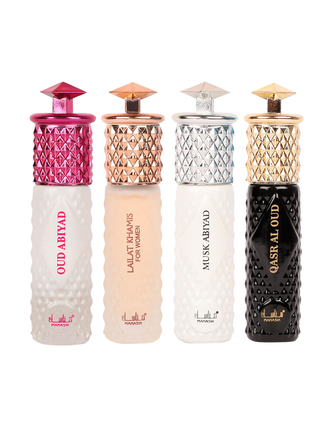 MANASIK Women Premium Set Of 4 Oud Abiyad - Lailat Khamis White - Musk Abiyad & Qasr Al Oud Long Lasting Attar 6 ml Each, Multi
MANASIK Women Premium Set Of 4 Oud Abiyad - Lailat Khamis White - Musk Abiyad & Qasr Al Oud Long Lasting Attar 6 ml Each, Multi