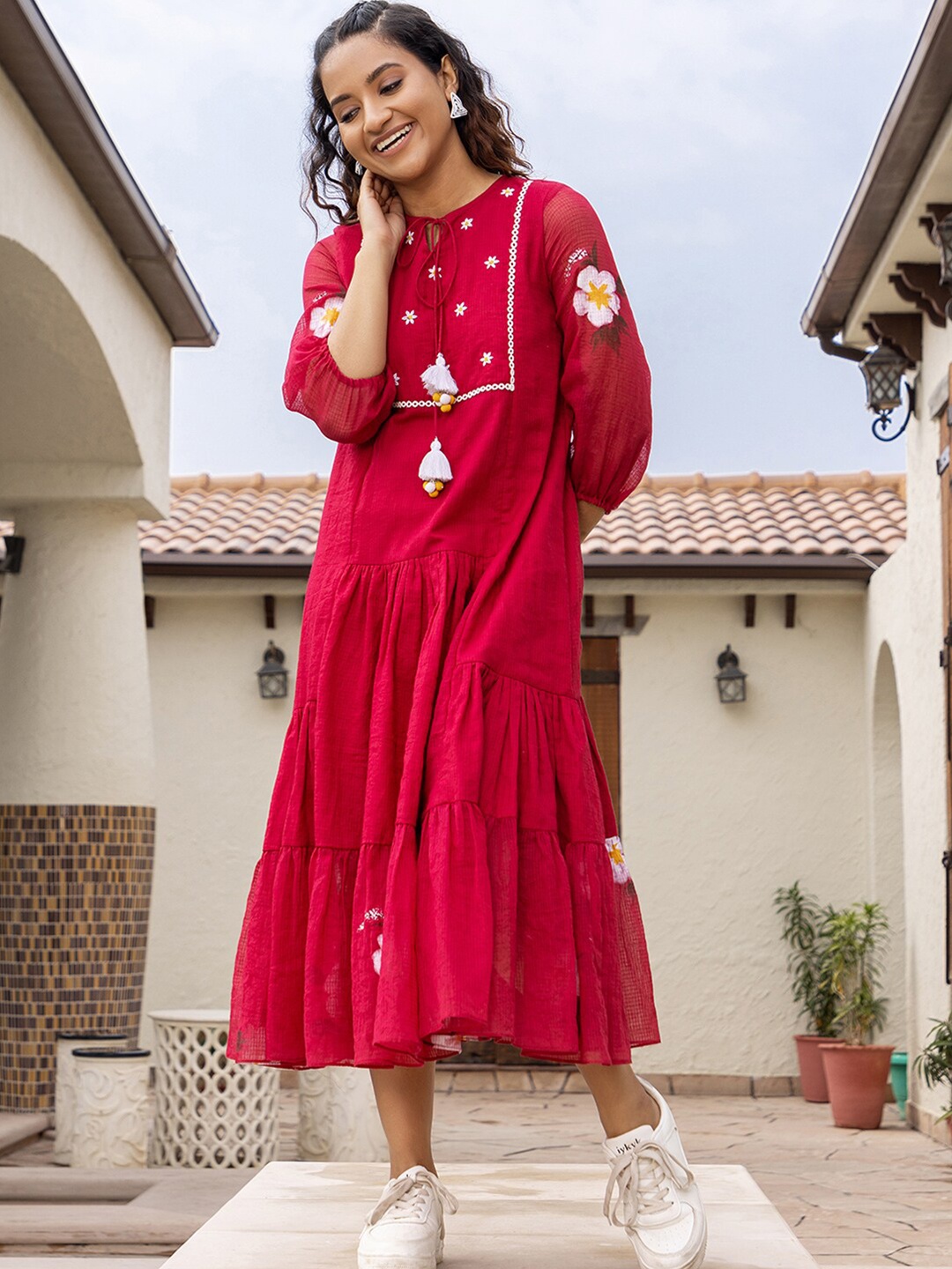 Ambraee Tie-Up Neck Floral Embroidered Tiered Cotton Fit & Flare Midi Dress, Red
Ambraee Tie-Up Neck Floral Embroidered Tiered Cotton Fit & Flare Midi Dress, Red
