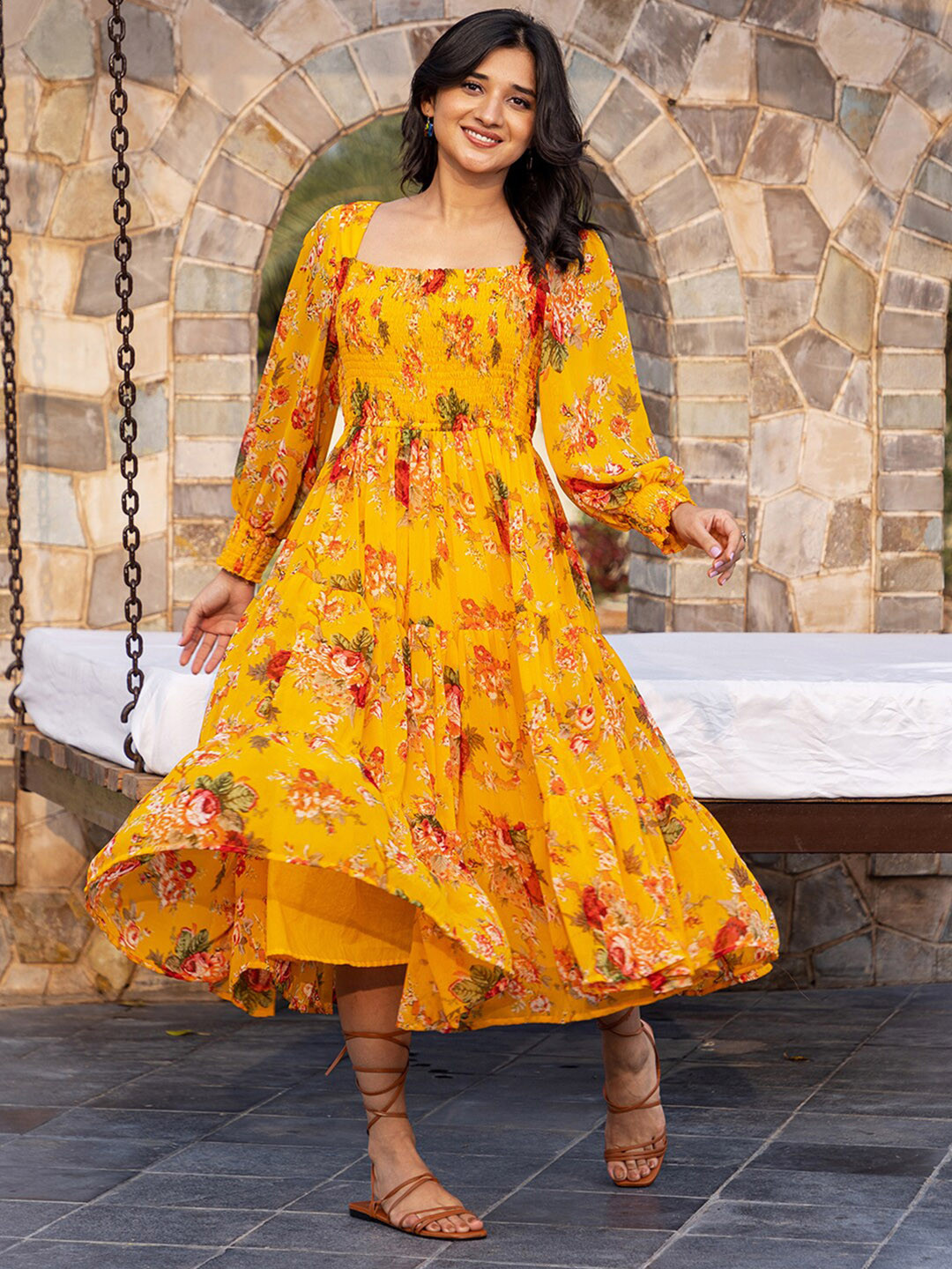 Ambraee Square Neck Floral Printed Smocked Tiered Maxi Midi Dress, Yellow
Ambraee Square Neck Floral Printed Smocked Tiered Maxi Midi Dress, Yellow