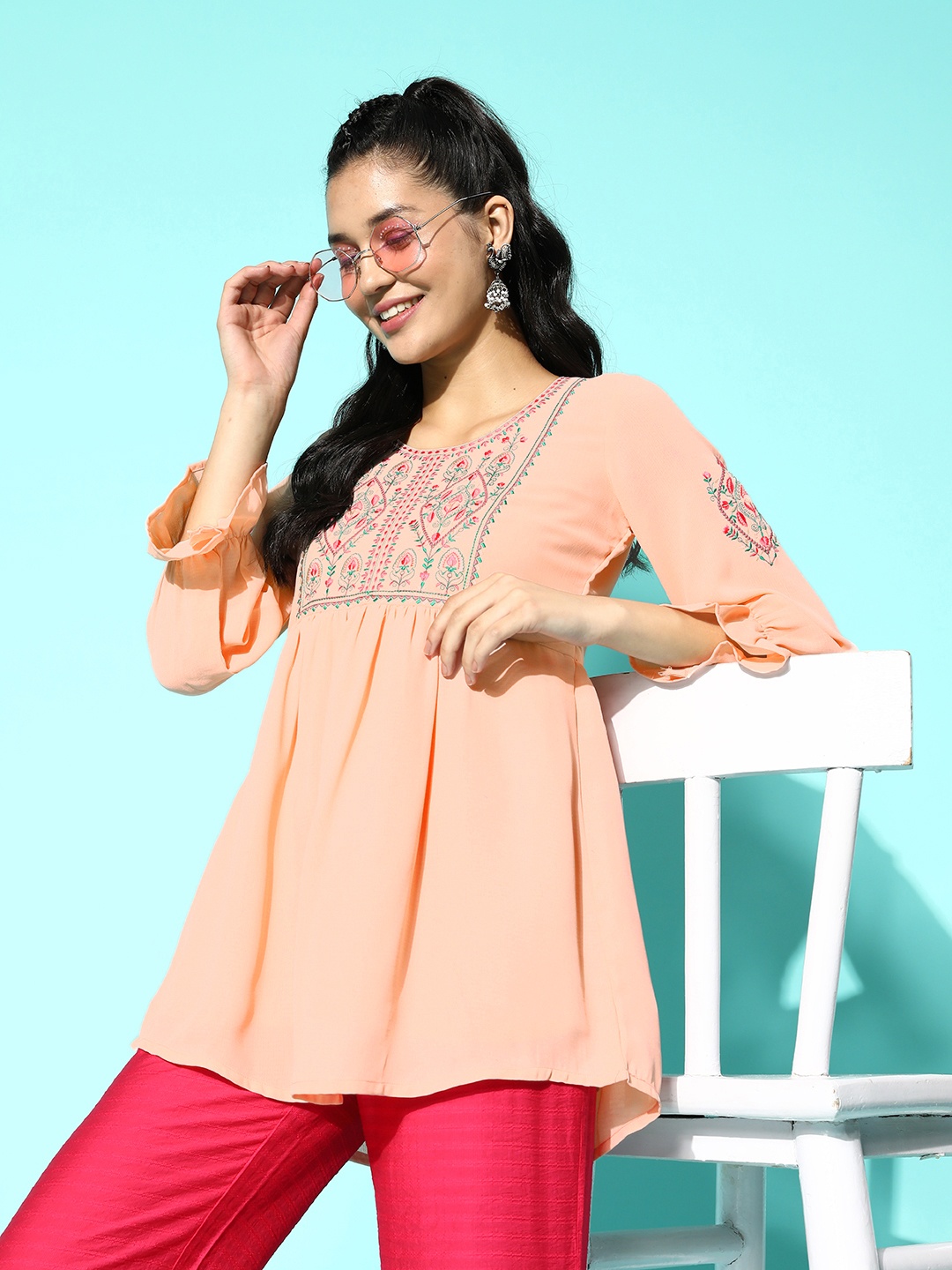 Sangria Peach-Coloured & Red Embroidered Bell Sleeves Tunic
