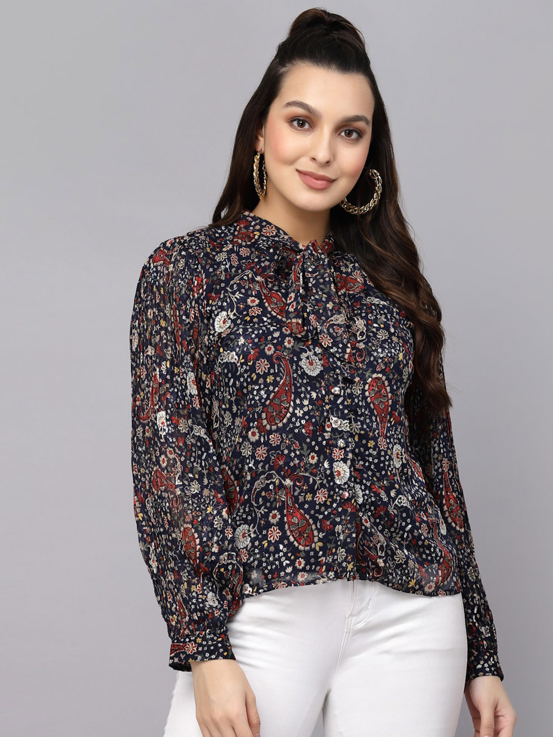 Mafadeny Plus Size Floral Print Tie-Up Neck Chiffon Shirt Style Top, Blue 
Mafadeny Plus Size Floral Print Tie-Up Neck Chiffon Shirt Style Top, Blue