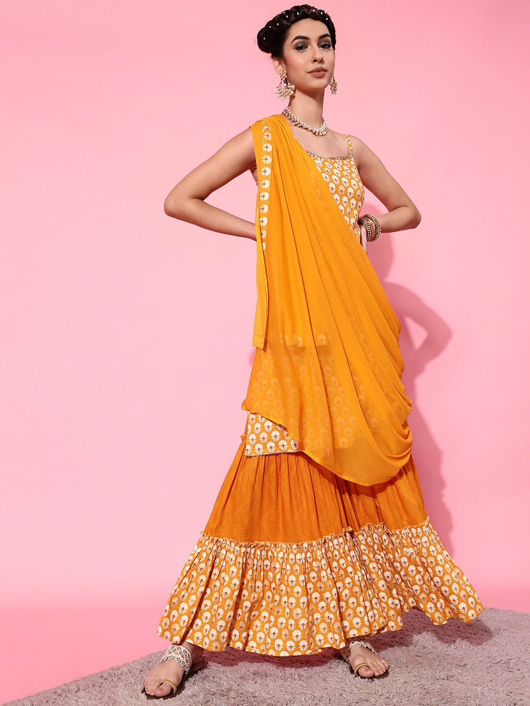 indo street Bead Work Floral Printed Beads and Stones Kurta with Sharara & Dupatta, Mustard
indo street Bead Work Floral Printed Beads and Stones Kurta with Sharara & Dupatta, Mustard
