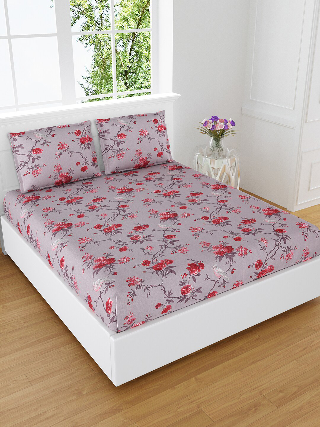 eCraftIndia Purple & Red Floral Cotton 180 TC King Bedsheet with 2 Pillow Covers 
eCraftIndia Purple & Red Floral Cotton 180 TC King Bedsheet with 2 Pillow Covers