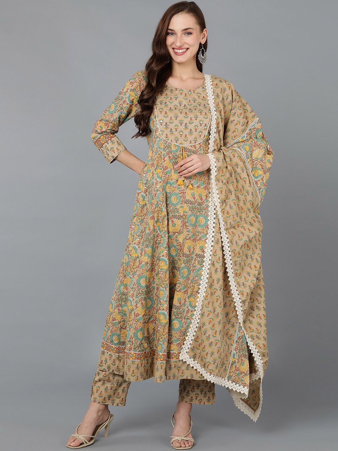 AHIKA Ethnic Motifs Printed Mirror Work Anarkali Pure Cotton Kurta with Trousers & Dupatta, Beige
AHIKA Ethnic Motifs Printed Mirror Work Anarkali Pure Cotton Kurta with Trousers & Dupatta, Beige