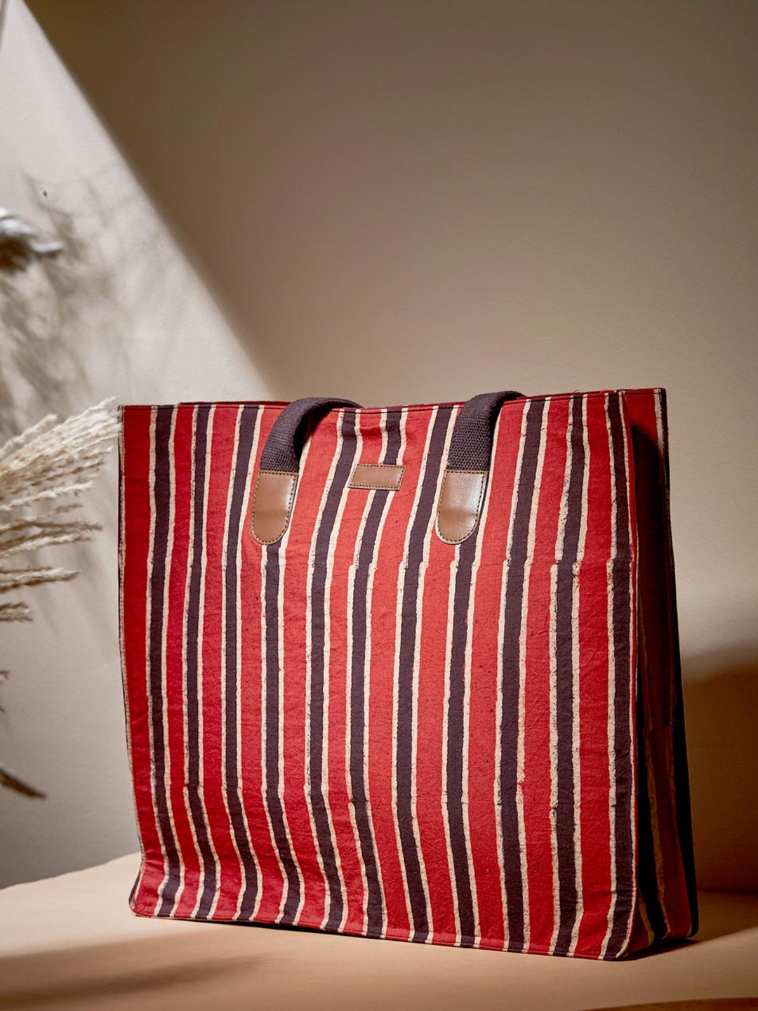 Fabindia Striped Cotton Shopper Tote Bag, Brown