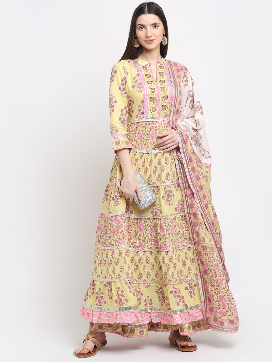 KALINI Floral Printed Tiered Beads and Stones Pure Cotton Kurta with Palazzos & Dupatta, Yellow
KALINI Floral Printed Tiered Beads and Stones Pure Cotton Kurta with Palazzos & Dupatta, Yellow