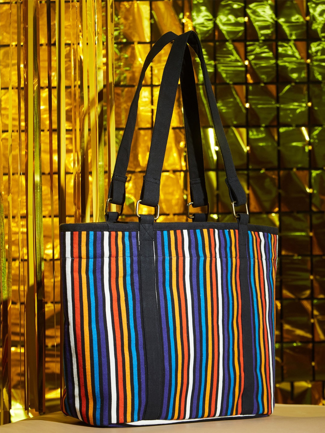 Fabindia Striped Structured Handheld Bag, Black