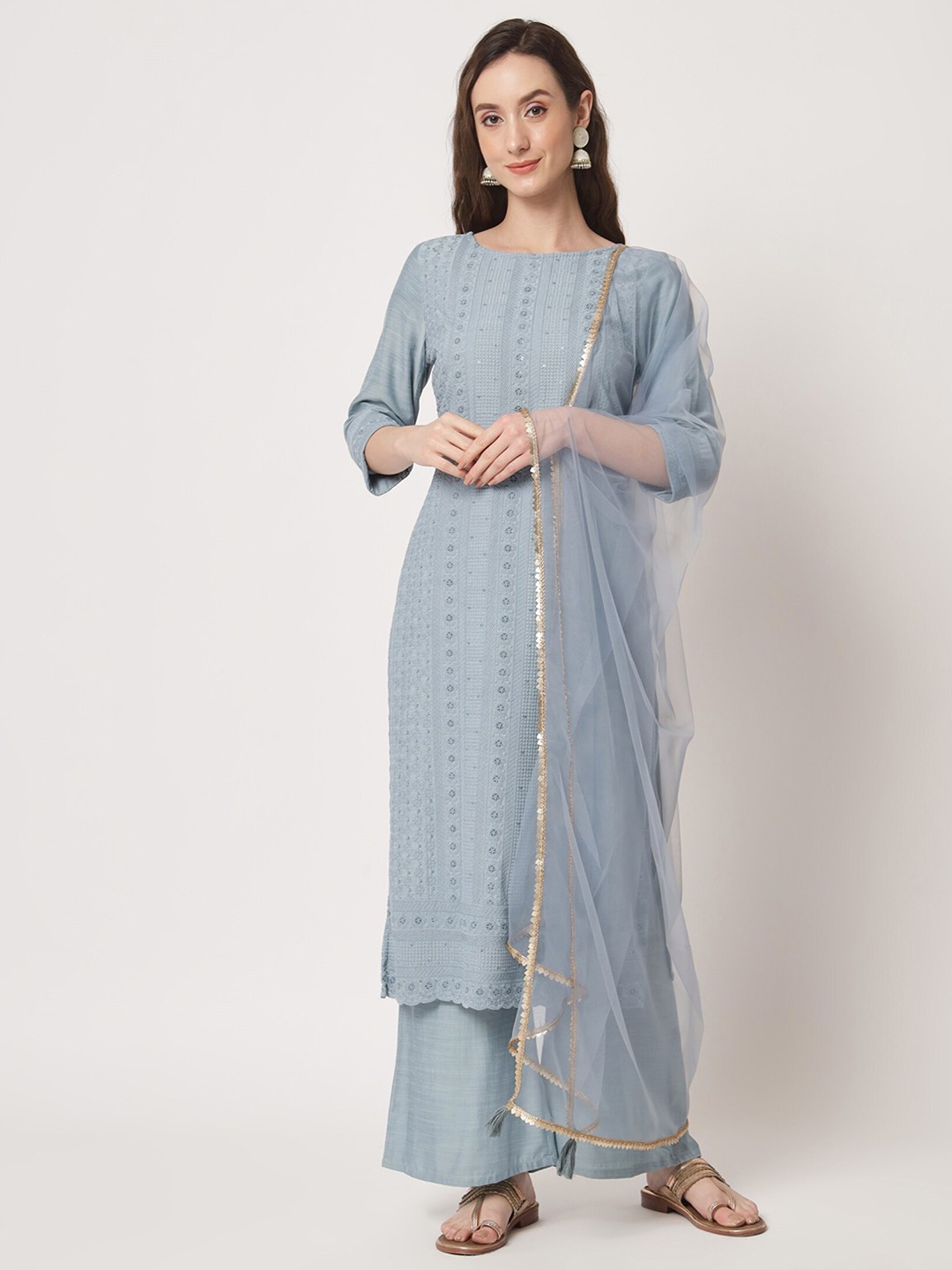 Shopping Queen Ethnic Motifs Embroidered Chikankari Kurta With Palazzos & Dupatta, Grey
Shopping Queen Ethnic Motifs Embroidered Chikankari Kurta With Palazzos & Dupatta, Grey