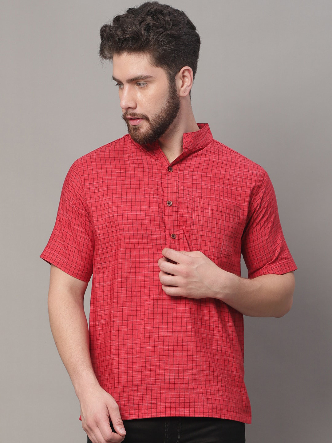 Aarsha Checked Mandarin Collar Pure Cotton Kurta, Red 
Aarsha Checked Mandarin Collar Pure Cotton Kurta, Red