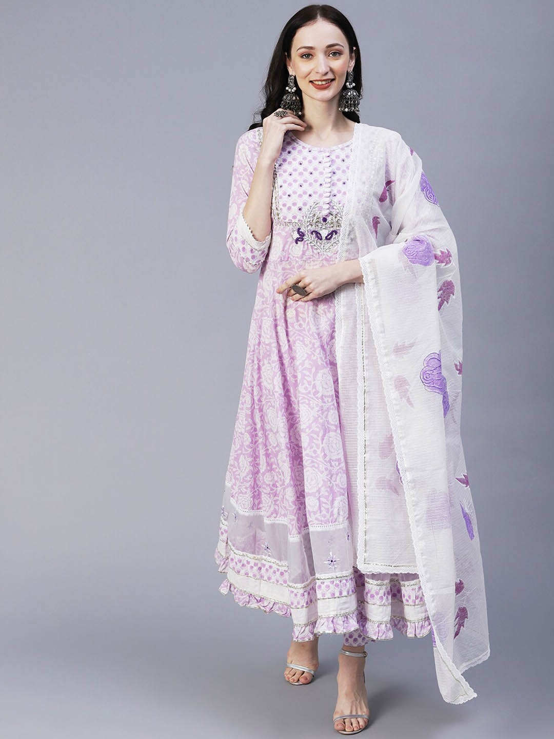 FASHOR Floral Printed Gotta Patti Anarkali Pure Cotton Kurta with Trousers & Dupatta, Violet
FASHOR Floral Printed Gotta Patti Anarkali Pure Cotton Kurta with Trousers & Dupatta, Violet
