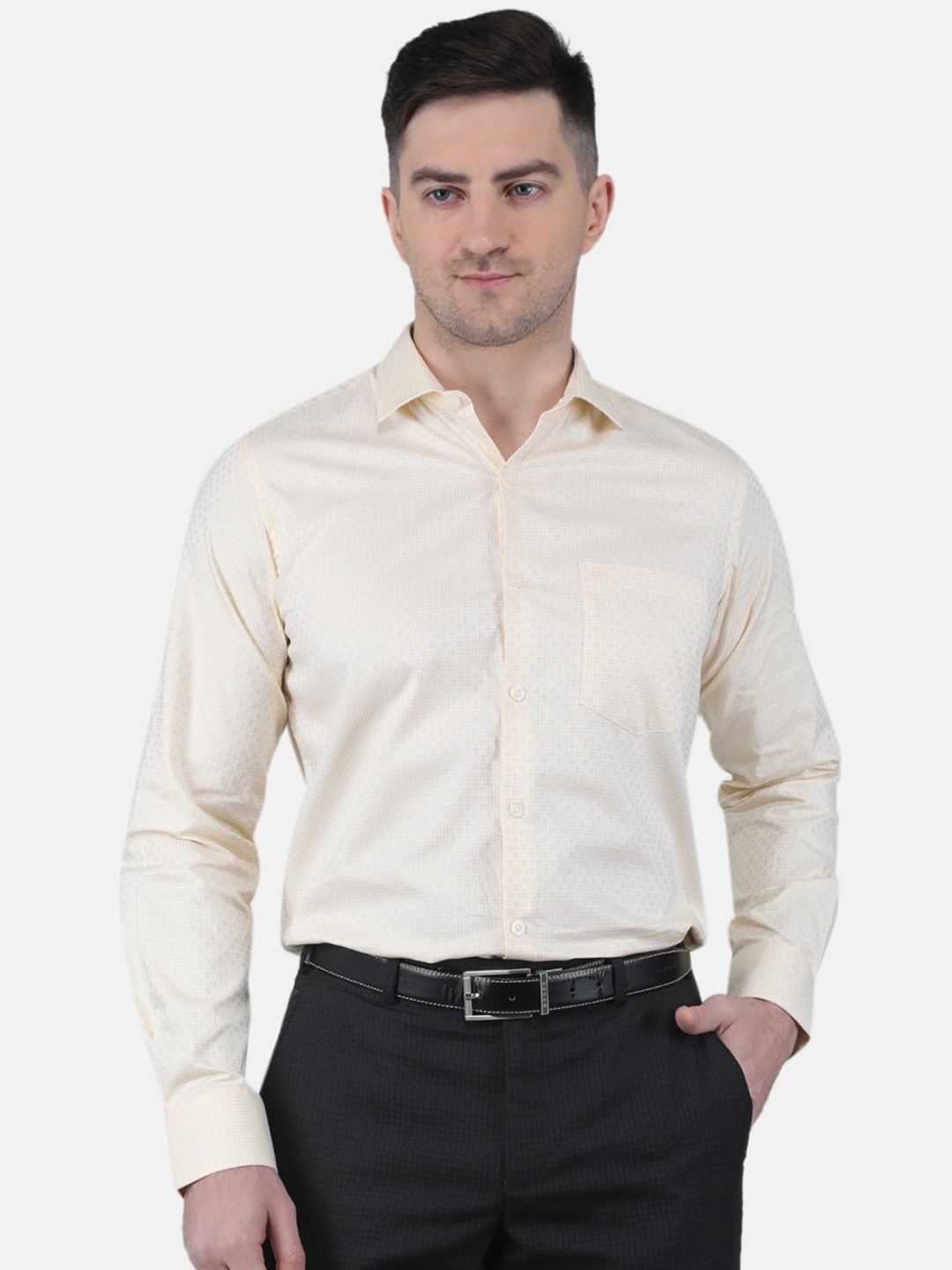 Monte Carlo Straight Micro Checked Cotton Formal Shirt, Cream