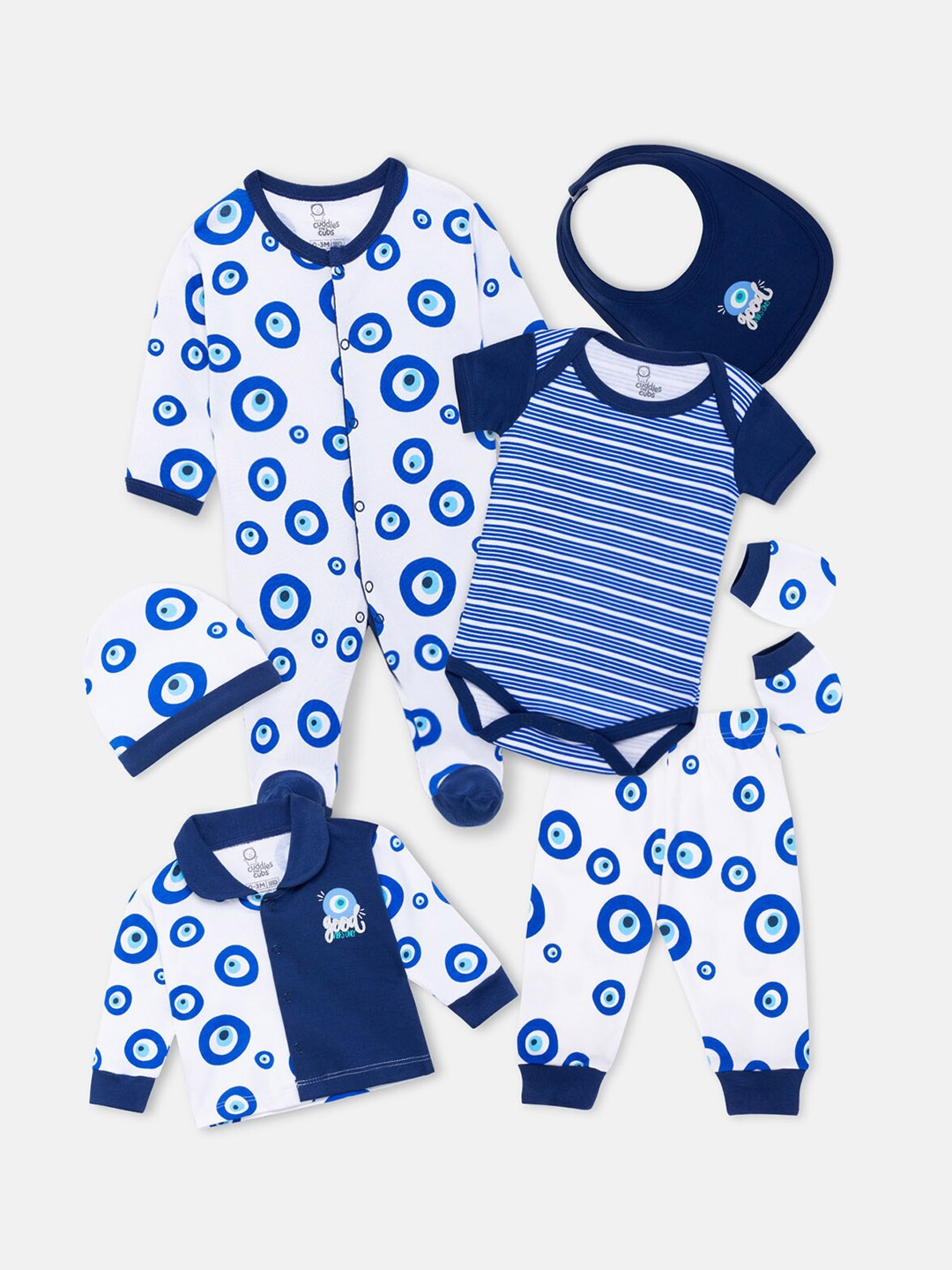 Cuddles for Cubs Infants Pack of 7 Evil Eye Printed Pure Cotton Baby Apparel Gift Set, Blue
Cuddles for Cubs Infants Pack of 7 Evil Eye Printed Pure Cotton Baby Apparel Gift Set, Blue