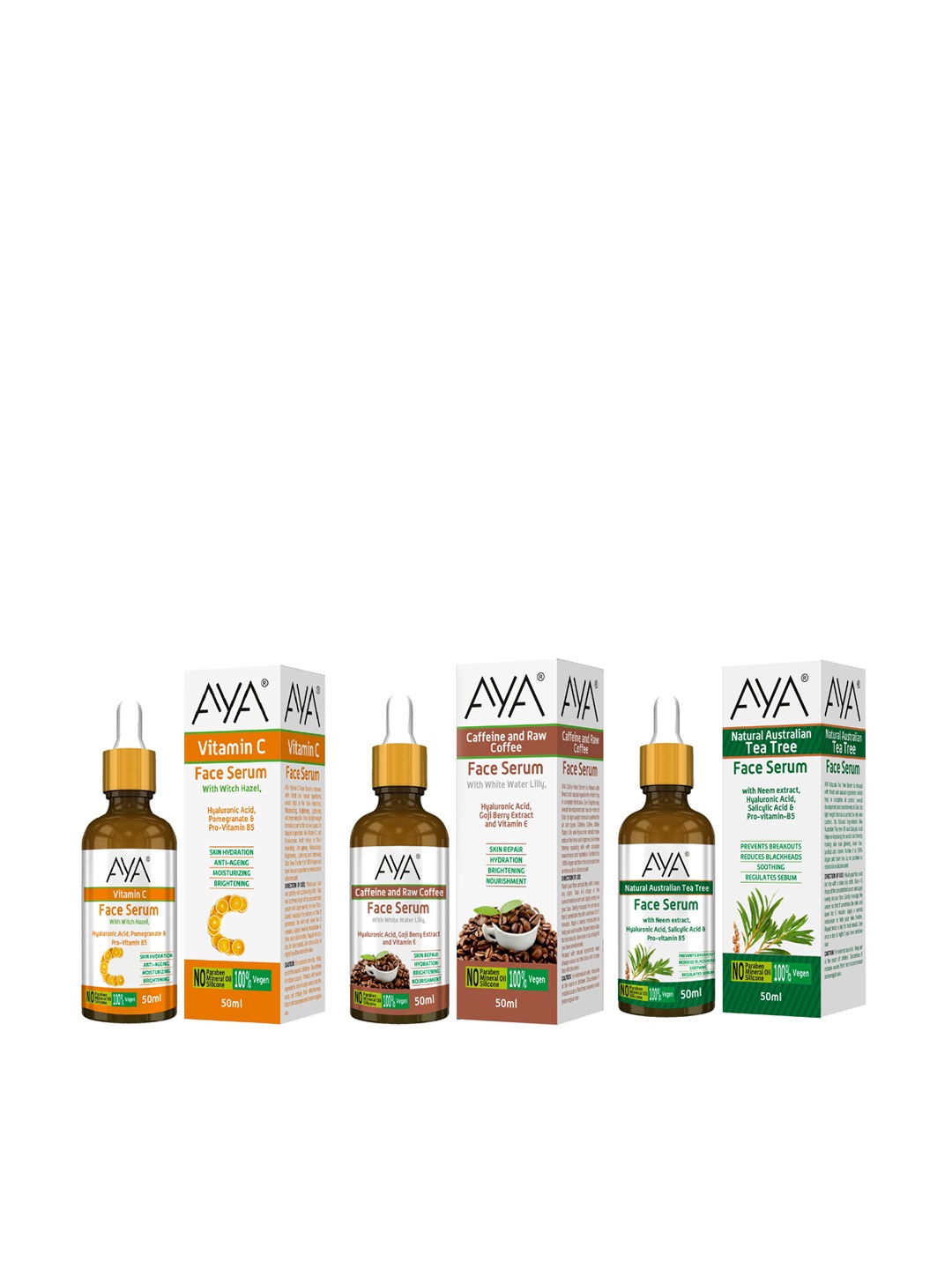 AYA Set Of 3 Vitamin C - Natural Australian Tea Tree - Caffeine & Raw Coffee Face Serum-50ml Each, Multi
AYA Set Of 3 Vitamin C - Natural Australian Tea Tree - Caffeine & Raw Coffee Face Serum-50ml Each, Multi