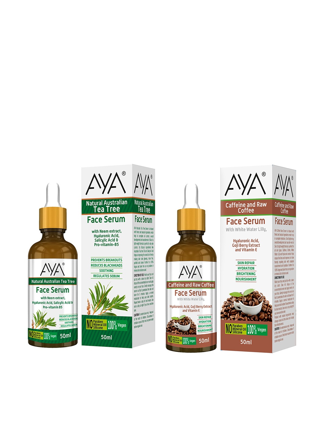 AYA Set Of 2 Natural Australian Tea Tree and Caffeine and Raw Coffee Face Serums - 50ml Each, White
AYA Set Of 2 Natural Australian Tea Tree and Caffeine and Raw Coffee Face Serums - 50ml Each, White