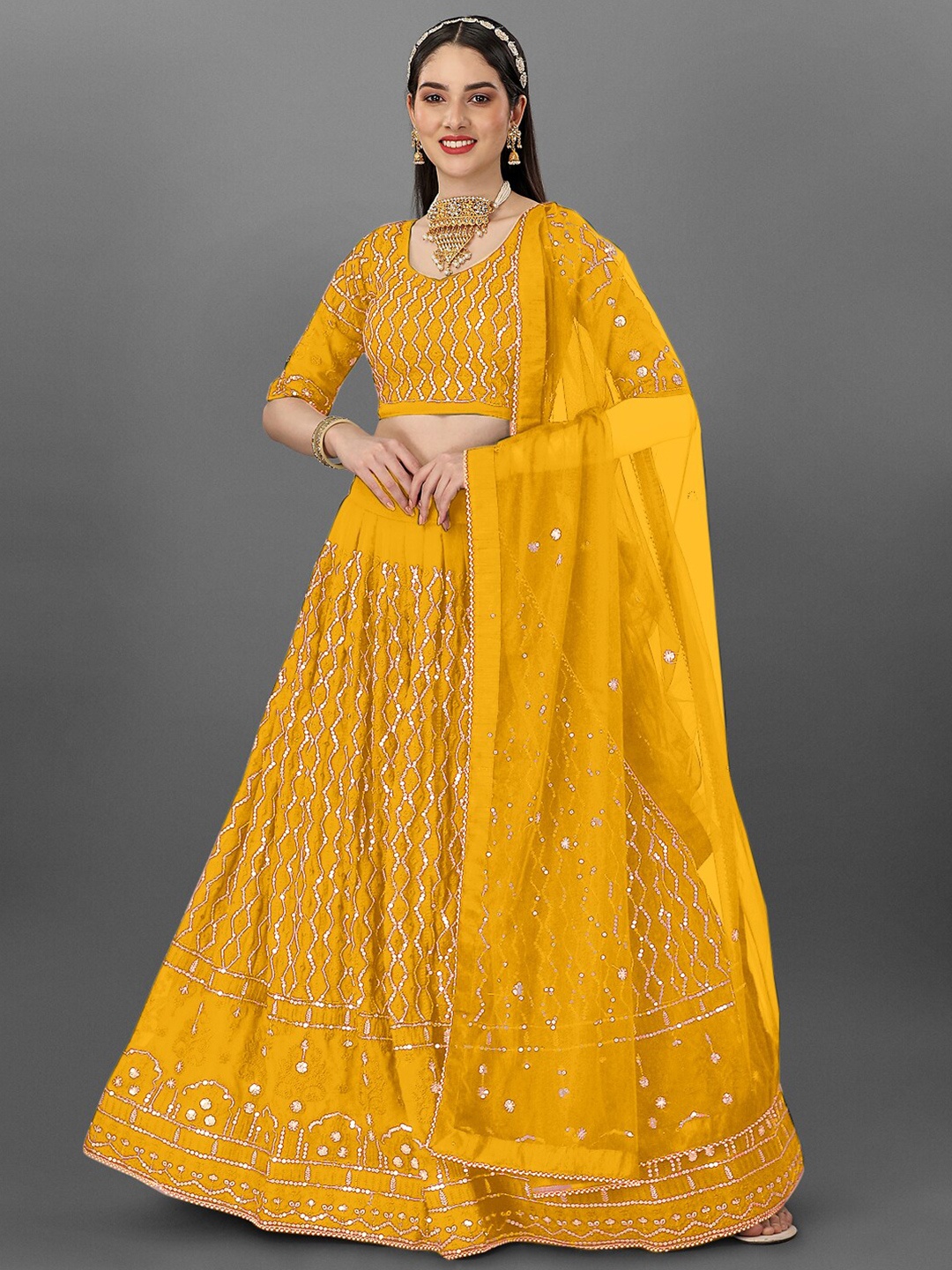 Angroop Embellished Sequinned Semi-Stitched Lehenga & Unstitched Blouse With Dupatta, Yellow
Angroop Embellished Sequinned Semi-Stitched Lehenga & Unstitched Blouse With Dupatta, Yellow
