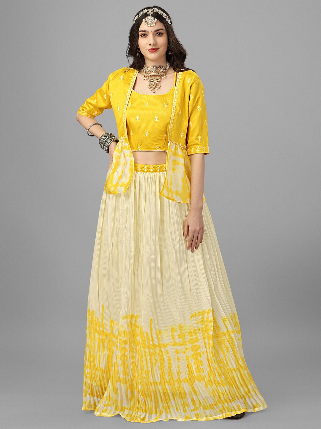 Angroop Embroidered Thread Work Semi-Stitched Lehenga & Unstitched Blouse With Shrug, Yellow
Angroop Embroidered Thread Work Semi-Stitched Lehenga & Unstitched Blouse With Shrug, Yellow