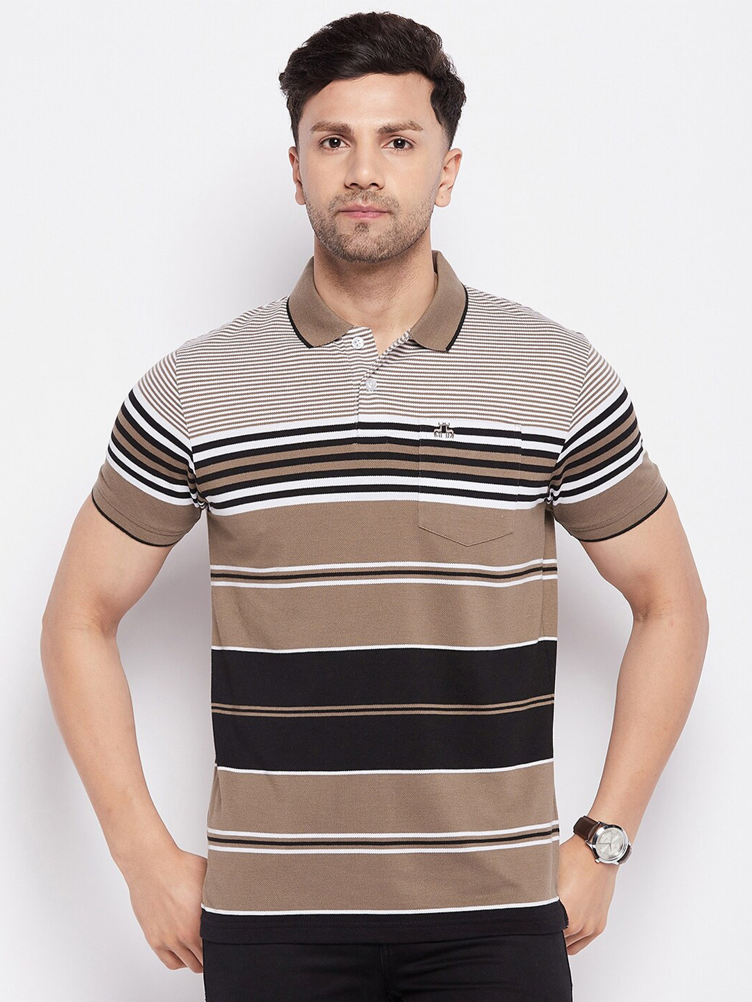 98 Degree North Striped Polo Collar Cotton T-shirt, Brown 
98 Degree North Striped Polo Collar Cotton T-shirt, Brown
