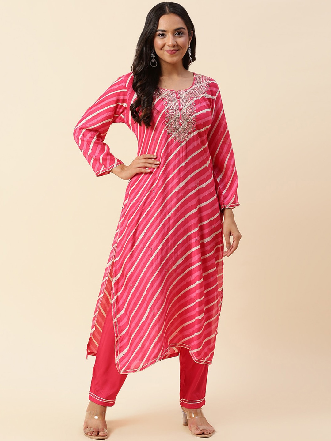Meena Bazaar Notched Neck Leheriya Striped Stone Work A-Line Kurta with Trousers, Pink
Meena Bazaar Notched Neck Leheriya Striped Stone Work A-Line Kurta with Trousers, Pink