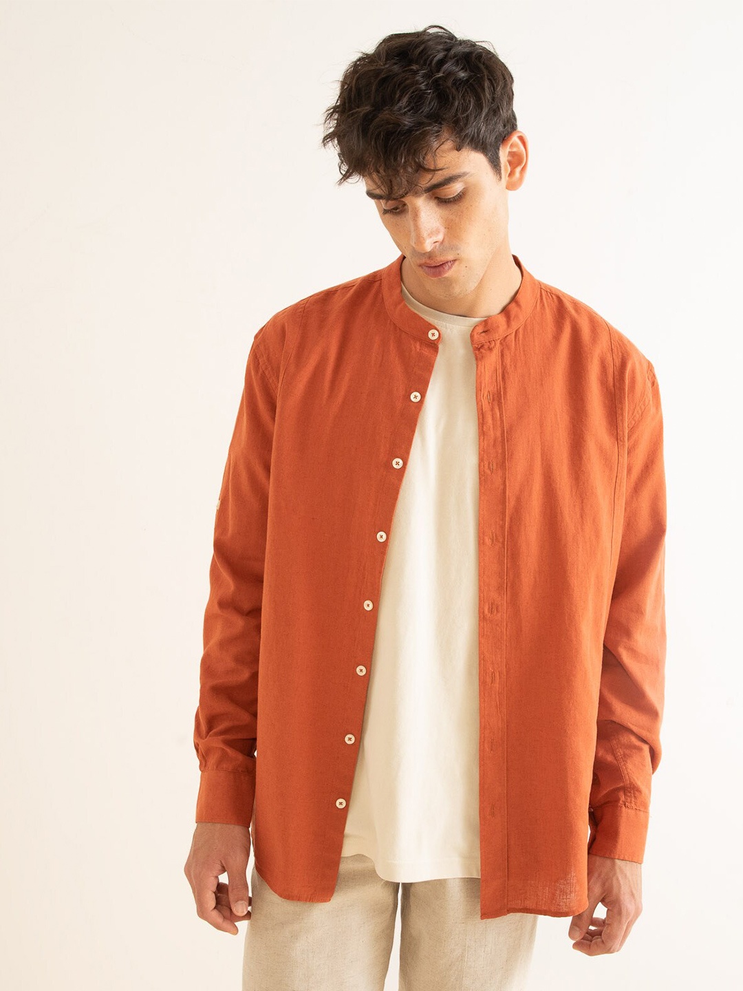 DeFacto Band Collar Cotton Casual Shirt, Orange