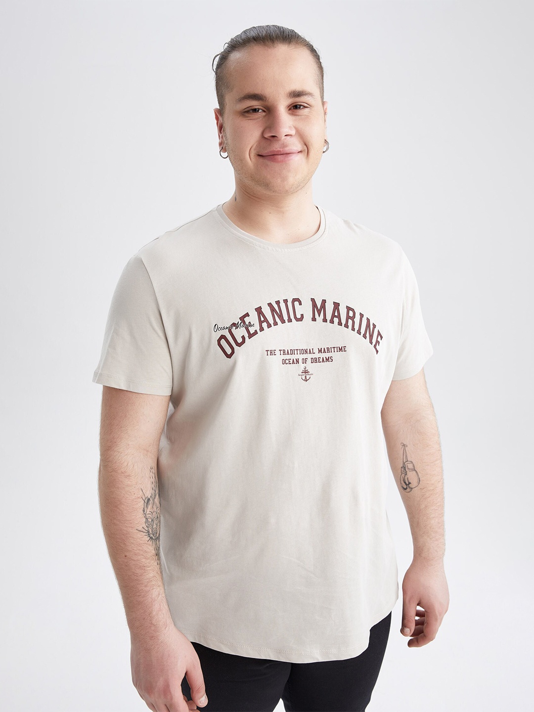 DeFacto Typography Printed Pure Cotton T-Shirt, Beige
