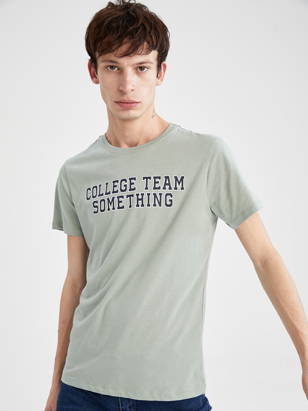 DeFacto Typography Printed Cotton T-shirt, Grey
