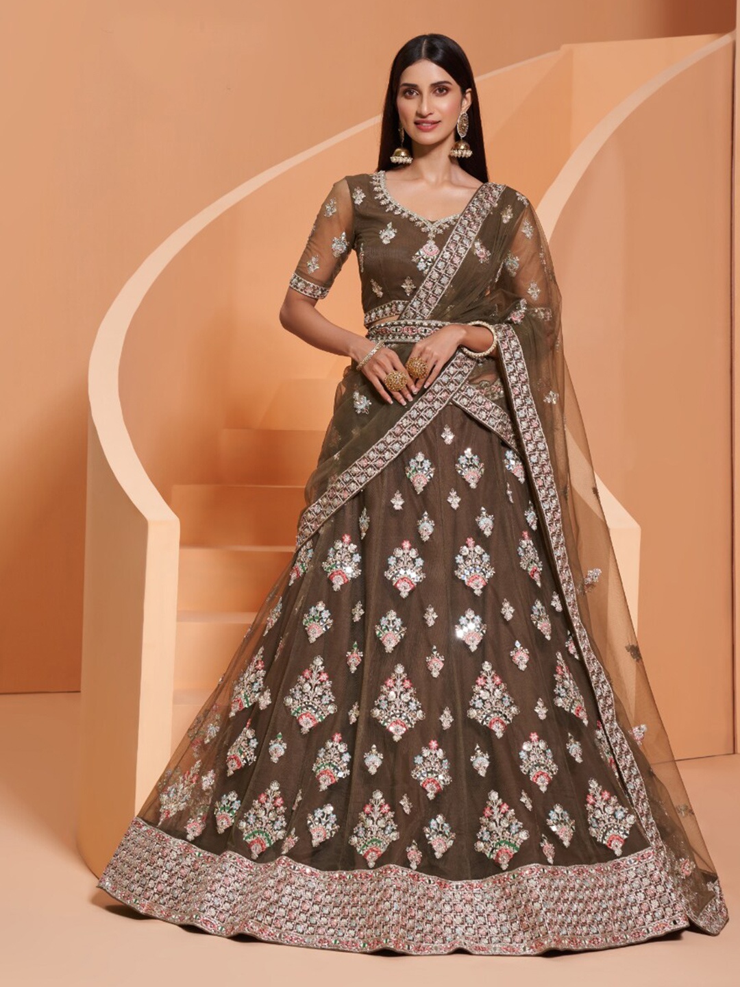 Angroop Embroidered Thread Work Semi-Stitched Lehenga & Unstitched Blouse With Dupatta, Brown
Angroop Embroidered Thread Work Semi-Stitched Lehenga & Unstitched Blouse With Dupatta, Brown