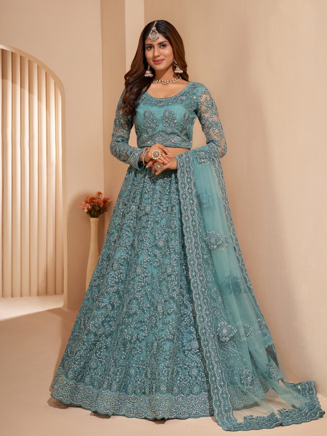 Angroop Floral Embroidered Stone Work Semi-Stitched Lehenga Choli With Dupatta, Sea green
Angroop Floral Embroidered Stone Work Semi-Stitched Lehenga Choli With Dupatta, Sea green