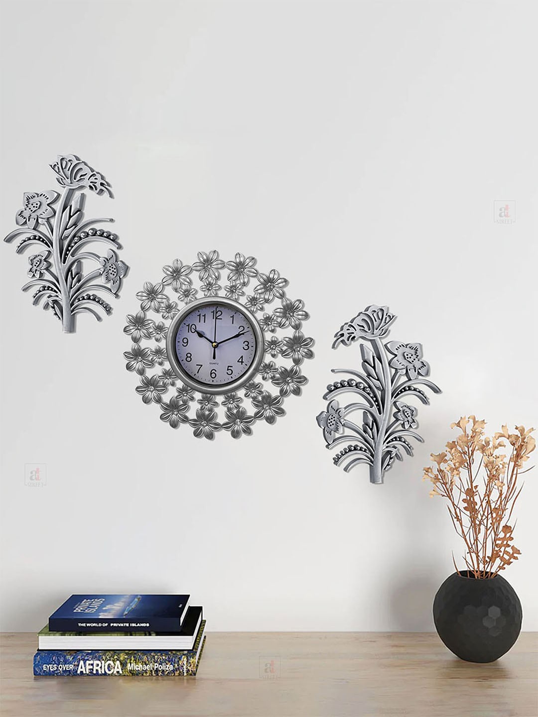 Art Street Silver-Toned Antique Design Decorative Floral Design Wall Clock With Leaf Set
Art Street Silver-Toned Antique Design Decorative Floral Design Wall Clock With Leaf Set