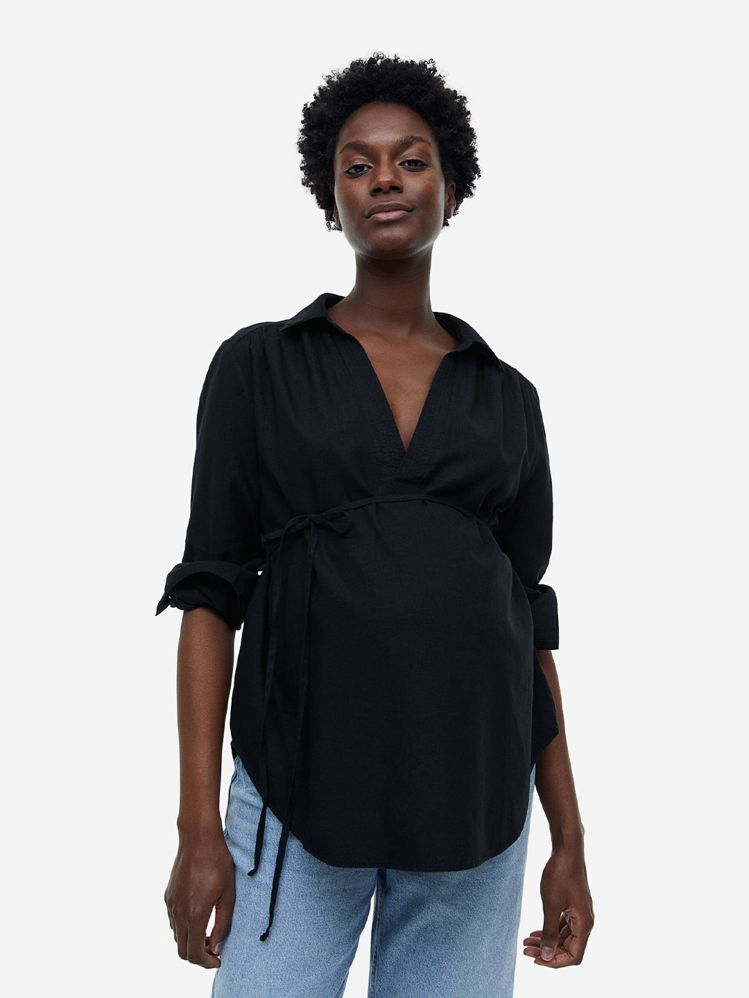 H&M MAMA Linen-Blend Popover Blouse, Black